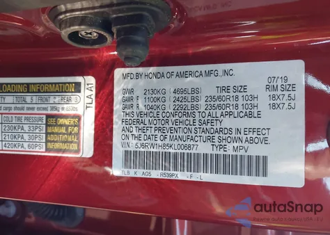 2019 Honda Cr-V Ex-L from USA, damaged, VIN 5J6RW1H85KL006877
